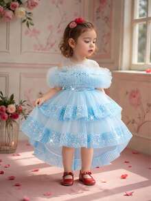 Baby Girls Sequin Tulle Cute Flower Girl Wedding Trailing Dress, Suitable For Party, Birthday, Outing, Does Not Include Headband - Baby Blue - View 5