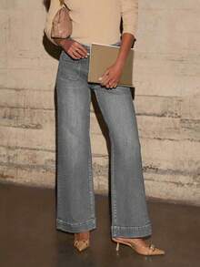 Stylish Women's Gray Denim Long Straight Leg Jeans With Front Pockets And Medium Stretch Casual - Grey - View 7