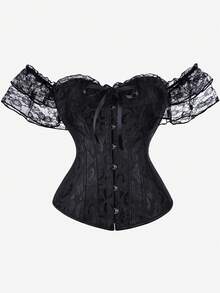 Overbust Lace Trim Off Shoulder Corset Top, Bustier, Bodice, Strapless Crop Top For Women, Vintage Burlesque Stage Performance - màu đen - Xem 1
