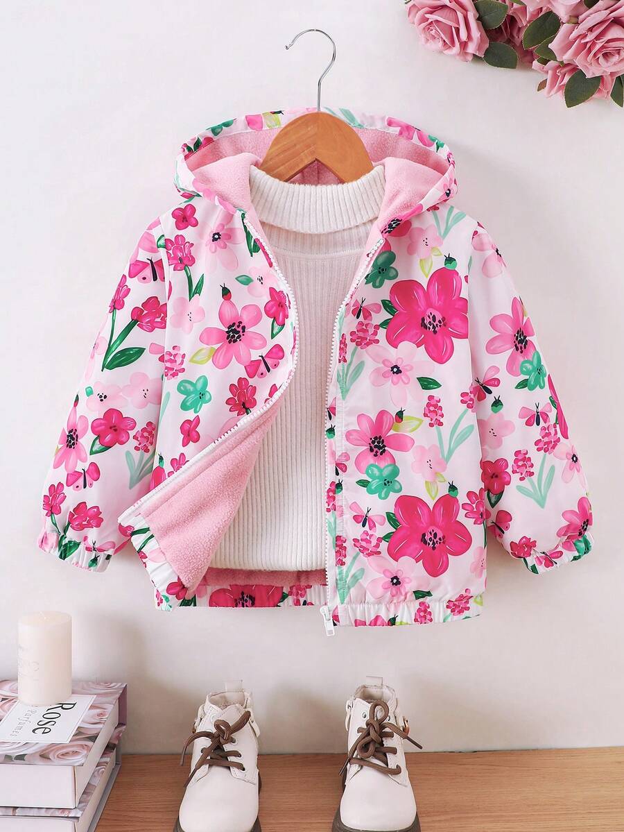 秋冬季少女花卉印花加厚羊毛连帽夹克外套 - 粉色 - 查看 1