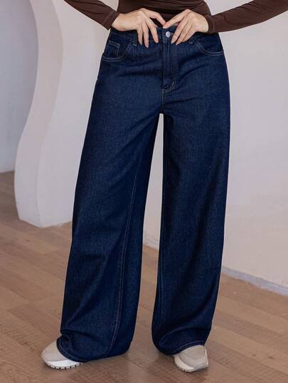 DAZY Quần Jeans Ống Rộng Túi Hộp Rộng Màu Trơn Thường Ngày Cho Nữ