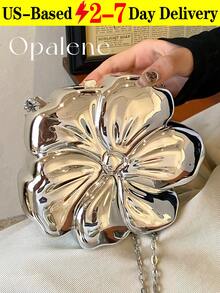 Women's Elegant Mini Flower Shaped Chain Crossbody Bag, Metallic Y2K Style Theme Party Shoulder Bag, Fashionable Novelty Shaped Bags, Versatile Small Mobile Phone Key Coin Purse, Portable Outdoor Travel Vacation Cosmetic Bags, Wear-Resistant Solid-Color Clutch Bag - 彩色 - 查看 13