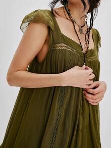 Women Flying Sleeve Babydoll Mini Dress Y2K Lace Trim Ruffle Flowy Dresses Summer Button Down Loose Swing Going Out Sundresses - Green - View 3