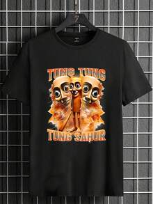 Men's Tung Tung Tung Sahur Cartoon Graphic Print Crew Neck Short Sleeve Regular Fit Casual T-Shirt - Fun  Streetwear Top - 黑色 - 查看 3