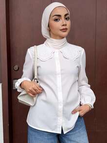 DAZY Lantern Sleeve Eyelet Embroidered Statement Collar Blouse,Long Sleeve Tops,Fall Clothes Preppy Tops