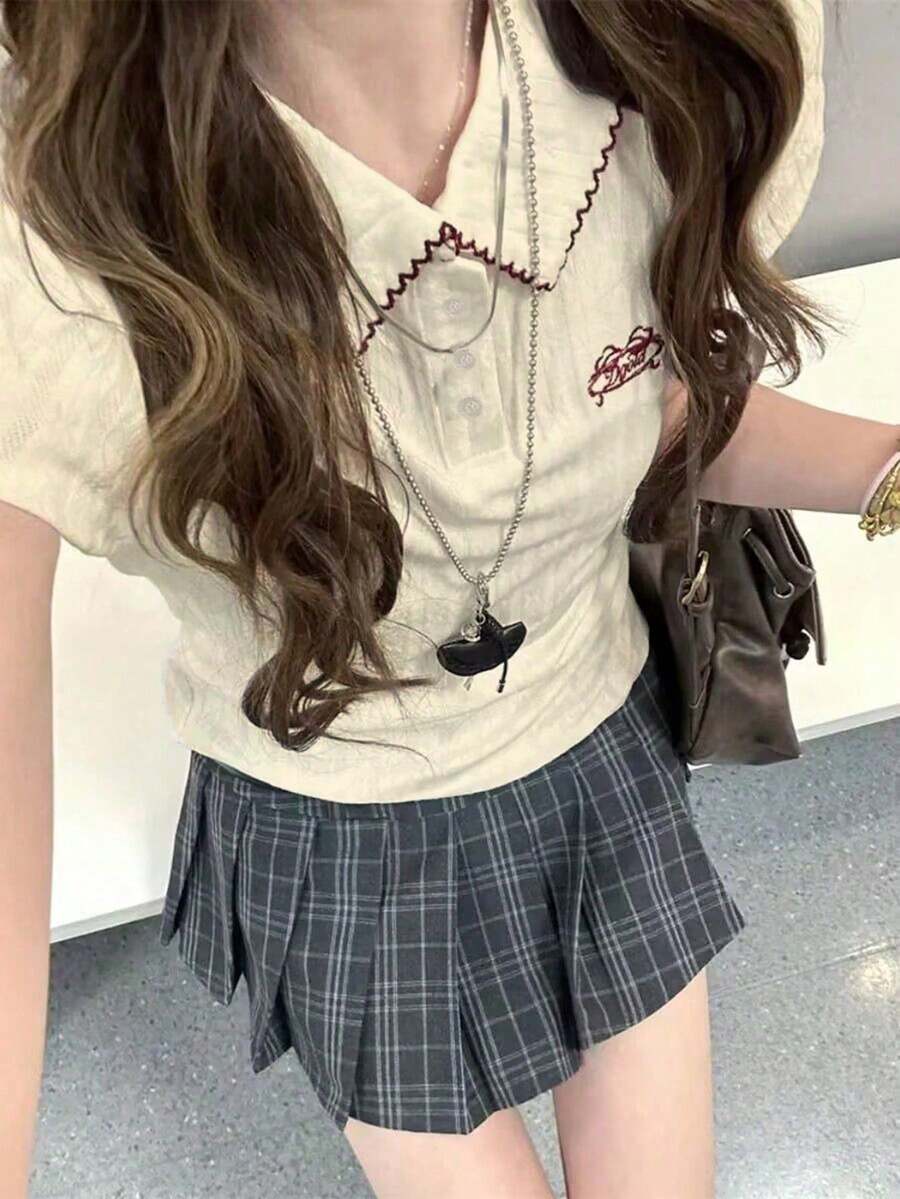Kaos Polo Lengan Pendek Berkerah Motif Jacquard Gaya Preppy untuk Wanita, Kasual Musim Panas - Aprikot - View 1