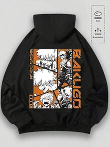 Men's Hoodie, Retro, M Y Hero Academia Bakugo Themed, Graphic Print, Pattern, Loose Fit, Long Sleeved, Top 009 - B - Black - View 1
