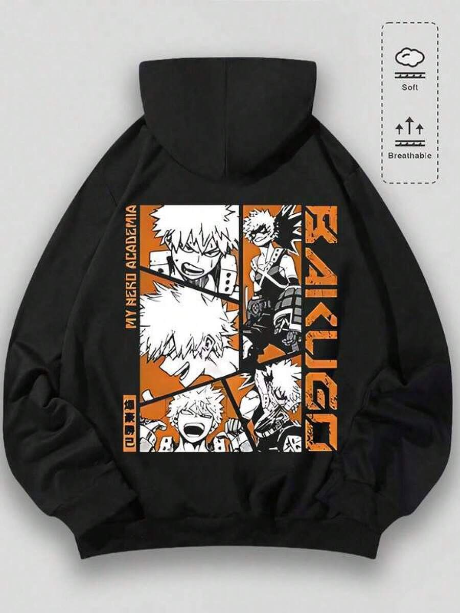 Men's Hoodie, Retro, M Y Hero Academia Bakugo Themed, Graphic Print, Pattern, Loose Fit, Long Sleeved, Top 009 - B - Black - View 1