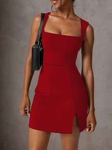 Elegant Red Suspender Dress, Square Neck Dignified A-Line Sleeveless Off-Shoulder Short Slit Dress, Summer New Arrival - Red - View 2