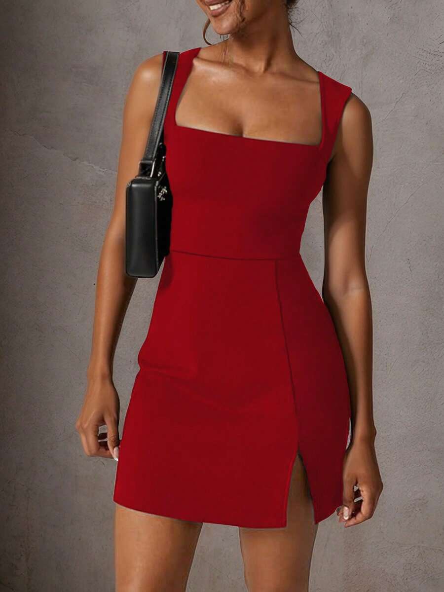 Elegant Red Suspender Dress, Square Neck Dignified A-Line Sleeveless Off-Shoulder Short Slit Dress, Summer New Arrival - Red - View 1