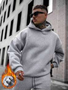 Men's Solid Color Drop Shoulder Long Sleeve Drawstring Pocket Casual Hoodie, Suitable For Autumn/Winter And Back To School Season |   Recommended For Layering |   Convenient For Daily Casual Wear And Travel-Unisex Casual Vintage Street-Style Loose-Fit Cotton T-Shirt Top - 灰色 2 - 查看 4