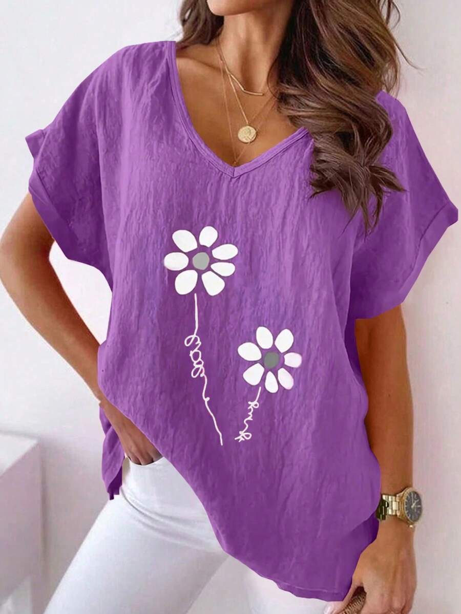 Camiseta de mujer talla grande con estampado, cuello en V y mangas tipo murciélago, de tela de lino, holgada y casual, adecuada para primavera y verano
