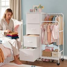 EnHomee Sturdy Drawers Dresser With 2-Tier Hanging Storage Cabinet And 4 Fabric Drawers, Space-Saving Organizer For Child's Room, Bedroom, Or Bathroom, White - 白色 - 查看 2