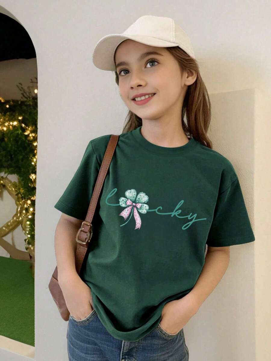 1 Piece Lucky Clover Teen T-Shirt For Girls, Bow "Lucky" Slogan Top, Spring & Summer School Daily Wear - Dark Green - View 1