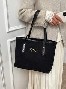 1 pièce Nouveau sac à main en daim grande capacité pour femmes, fermeture éclair, poignées doubles avec nœud papillon en métal. Couleur noire, convient aux jeunes femmes, pour le travail, les courses, les voyages, les occasions décontractées et professionnelles. Idéal pour l'utilisation quotidienne des femmes.