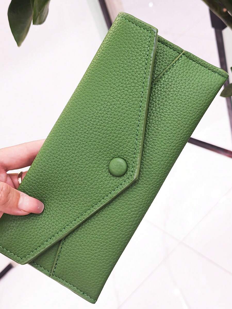 Cartera de mujer antirrobo RFID de cuero suave tipo sobre, billetera larga minimalista y ultradelgada, portátil, cartera de embrague para mujer - Verde militar - Ver 1