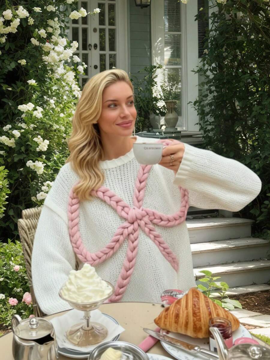 超大3D蝴蝶结装饰粗针织落肩套头衫，街头风，百搭#浪漫蝴蝶结#情人节 - 白色 - 查看 1