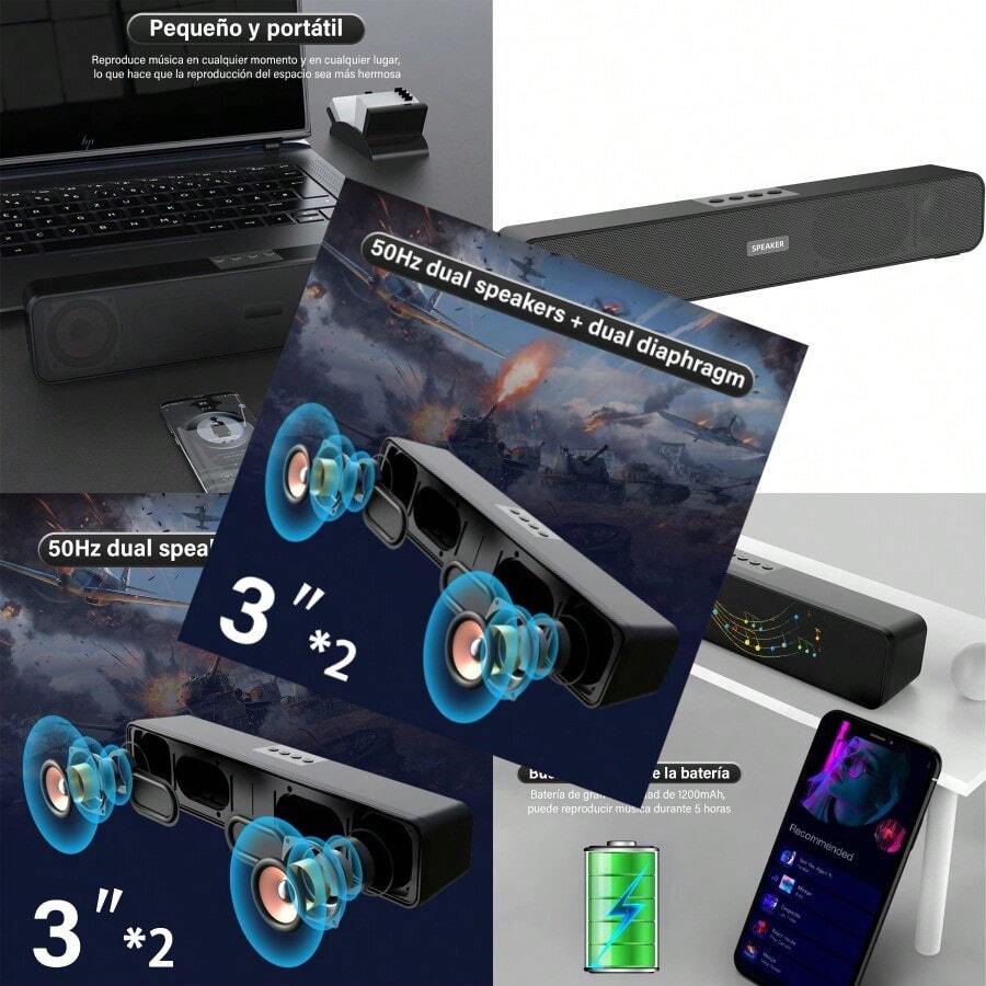 LINK BITS Bocina Bluetooth Barra de Sonido Estéreo Portatil Exterior Viaje Fiesta Altavoces Inalámbrico Inteligente con Micró AUX USB TF FM Batería de 1200mAh para PC Tableta  Android - MB-127 - Ver 1