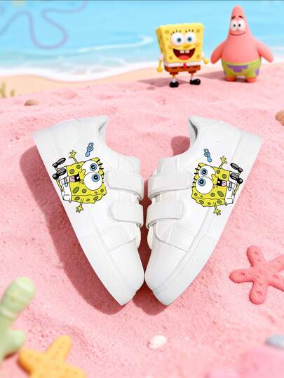  Zapatos deportivos para niños con diseño de Spongebob, zapatillas de moda casual para niñas, zapatos transpirables para correr interior/exterior, zapatos blancos con estampado de dibujos animados, zapatos de entrenamiento antideslizantes para niños