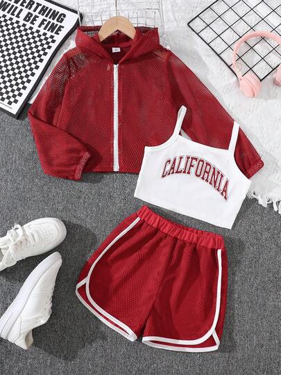 8-12 Years Old Girls' Sporty Casual Summer Outfit, Big Kids' Daily Outing & Fitness Matching Set, Includes: Wine Red American Style 3-Piece Set - Mesh Hooded Lightweight Cardigan, Letter Print Camisole, Side Stripe Elastic Waist Shorts, Breathable & Comfortable