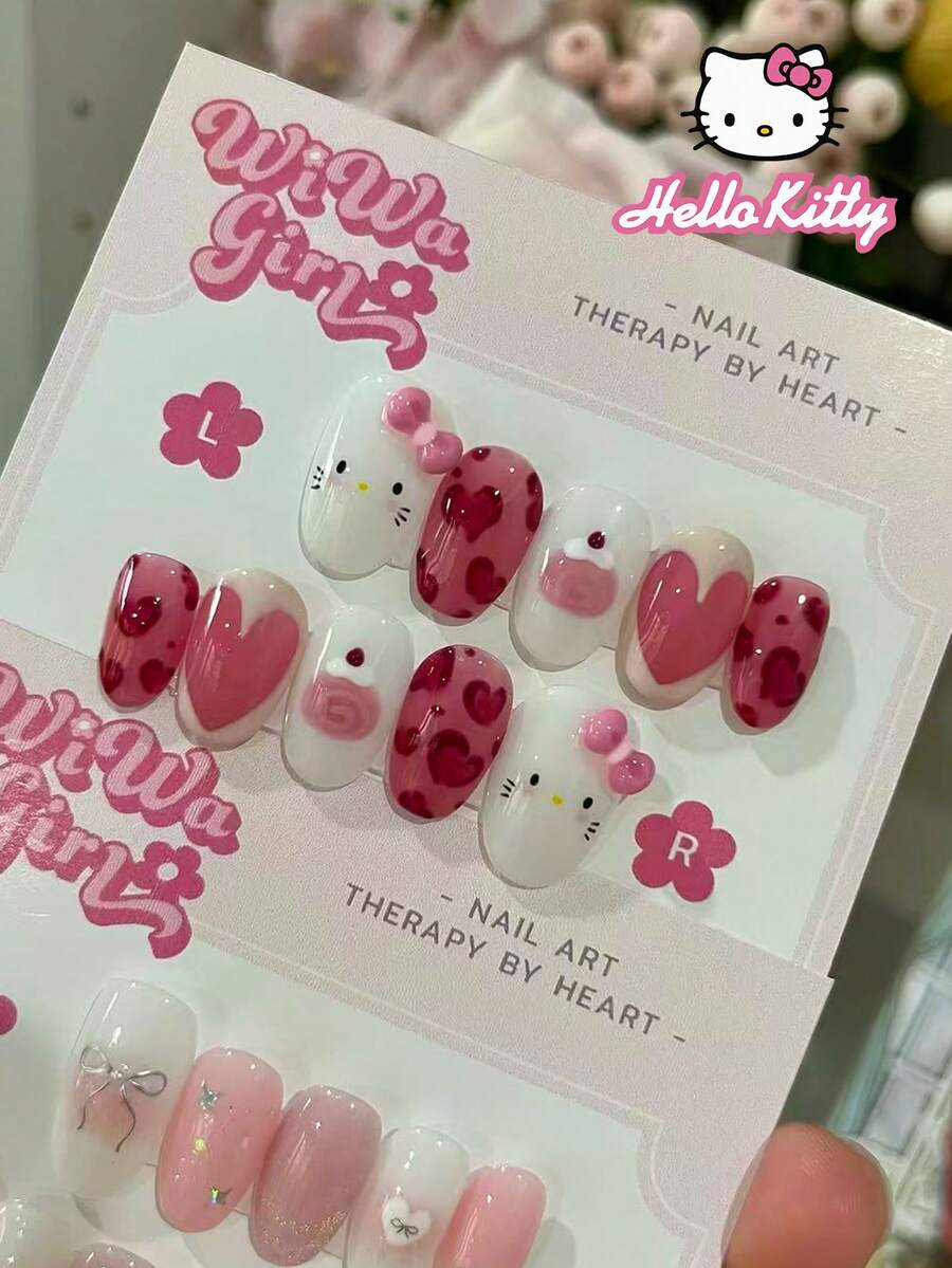 SANRIO 24片椭圆形粉色少女美甲贴纸，包含3D蝴蝶结和爱心装饰，1瓶凝胶指甲油和1把指甲锉，女士日常派对美甲套装 - 彩色 - 查看 1