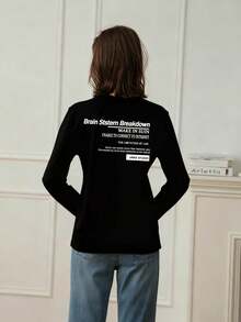 Letter Graphic Print Black Round Neck Long Sleeve T-Shirt For Women, Loose Design Versatile Top, Spring/Autumn