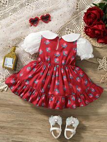 H HIBOBI 1pc Infant Girls' Ramadan Dress - Red Rose Print, White Peter Pan Collar, Puff Sleeves With Elastic Ruffle Cuffs, Lace Pom Pom Front With Rose Buttons, Layered Ruffle Hem, Suitable For 1-18 Months