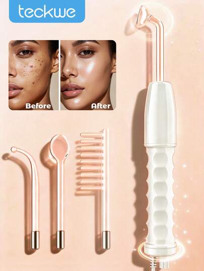 Teckwe High Frequency Acne Removal Device, Personal Skin Care Device With 4 High Frequency Beauty Wand, Electric Therapy Stick, Electric Therapy Comb, Whole Body Electric Therapy Device, Micro Electric Flow Beauty Device Halloween Gift-EU Plug