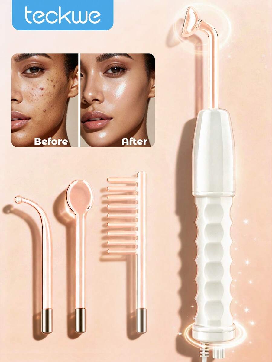 Teckwe High Frequency Acne Removal Device, Personal Skin Care Device With 4 High Frequency Beauty Wand, Electric Therapy Stick, Electric Therapy Comb, Whole Body Electric Therapy Device, Micro Electric Flow Beauty Device Halloween Gift-EU Plug