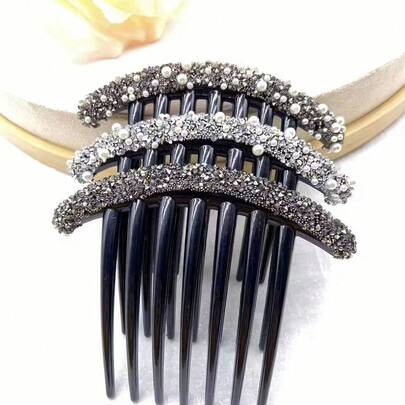 Luxury Black Faux Pearl & Rhinestone Decor Hair Comb, Elegant 7-Tooth Hair Accessory, Bun Extension, Hair Styling Pins, Head Accessories, Hair Accessories For Women