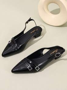 新款法式粗跟尖头中跟鞋，舒适女士工作鞋，春秋季 - 黑色 - 查看 2