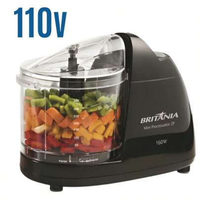 Britania Mini Processador Alimentos Britânia 2P Triturador Alho Cebola Temperos Potente Cozinha 110v ou 220v Preto