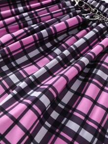 Young Girl Summer College Style Plaid Pleated Mini Skirt - Hot Pink - View 5