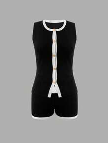 Women's Casual Elegant Two Pieces: Knit Set Versatile Sleeveless Sweater Black-And-White Color Blocking Crew Neck Structured Shoulders Slim Fit, Metal Button Front Placket Paired With Matching High-Waisted Elastic-Band Shorts, Spring Summer - Black and White - View 6