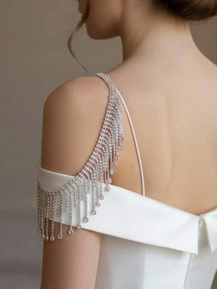 1pc New Multilayer Tassel Shoulder Chain, European And American Style Rhinestone Waterdrop Body Chain For Brides Wedding - Silver - View 1