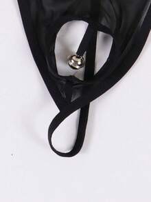 Men's Black Mesh Sheer Simple Sexy Comfortable Breathable Elastic Thong Underwear With Bell Decor - Black - View 5