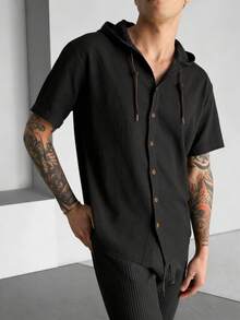 GRDR 男士休闲棉麻连帽短袖衬衫 | 精致设计 | 夏季必备 | 时尚百搭，展现您的风格 - 黑色 - 查看 4