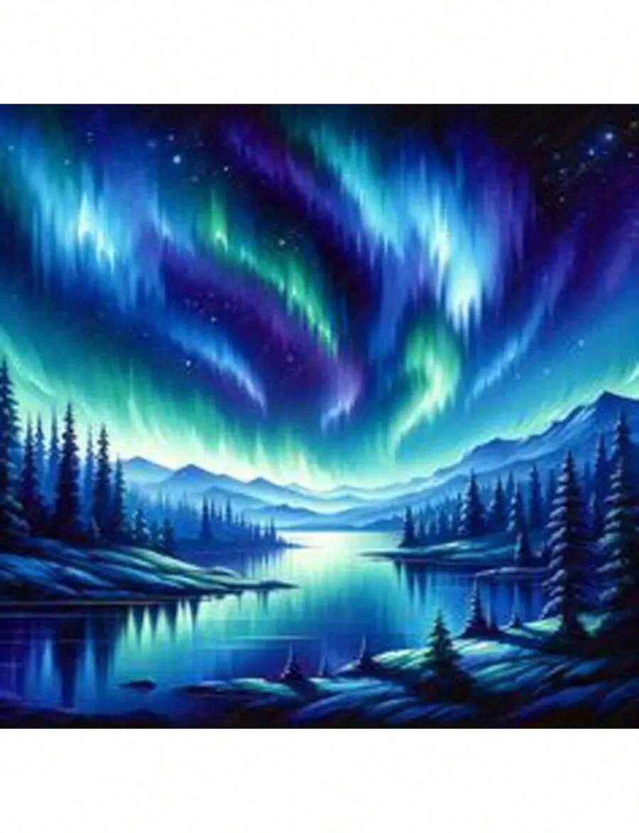 Poster With Creative Design Of Northern Lights Landscape, Stream And Forest, Diamond Painting Kit, Round Diamond Mosaic, Modern And Minimalist Print For Bathroom Wall Decoration, Canvas Poster And Wall Art, Modern Picture Print With Thick Frame, Birthday And Graduation Gifts. - 灰色 - 查看 1
