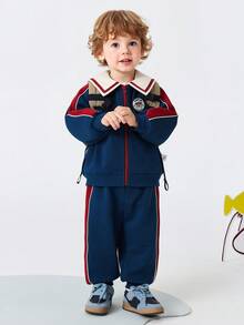mini bala Kids Retro 2 Pieces Set, Long Sleeve Jacket & Pants, Anti-Pilling Fabric, Spring 2026 - Dark Blue - View 3