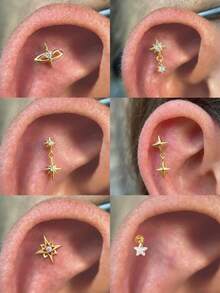 1 szt. Kolczyki z płaskim tyłem w kształcie gwiazdy ze srebra próby 925 dla kobiet, pozłacane 18-karatowym złotem, hipoalergiczne kolczyki z zakrętką, małe kolczyki do chrząstki tragus, przekłucie helisy, biżuteria do wrażliwych uszu - Złoto - Zobacz 12
