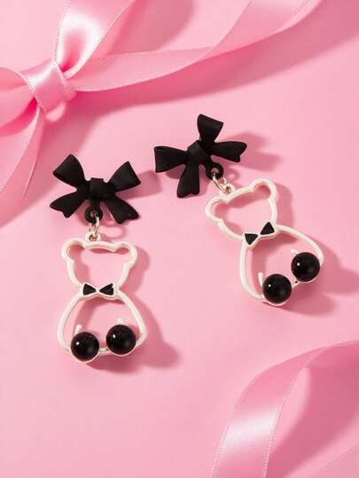 1pc Cute Bear With Bow Earrings, Sweet And Gentle, Suitable For Daily Wear, Gift For Mom, Friends