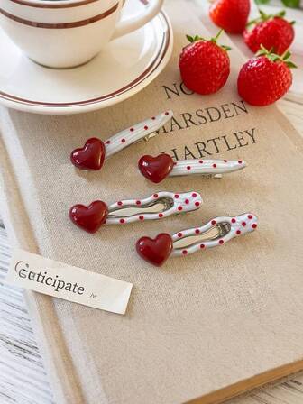 4pcs Vintage Red Heart Polka Dot Hair Clips, Elegant Side Bangs Clips, Chic Duck Clip Hair Accessories