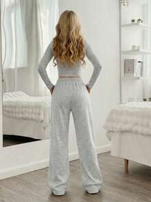 Tween Girl Casual Pleated Round Neck Solid Color Cropped Top And Wide Leg Pants Elegant Set, Size Runs Small - Grey - View 5