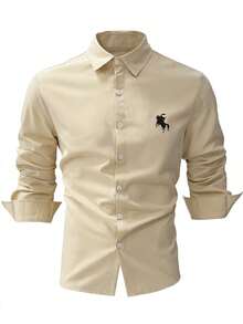 Camisa casual de hombre de unicolor, estilo básico con gráficos impresos, tela suave y sedosa, camisa esencial para caballero - Albaricoque - Ver 2