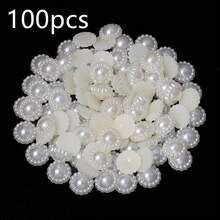 50-200pcs/Pack ABS Faux Pearl Sunflower Flat Bottom Stud, 9-20mm White Elegant Versatile Half-Drilled Cabochon Jewelry Making Pendant Ring Charm Accessory, Handmade DIY Nail Art, Phone Case, Bag, Hair Clip