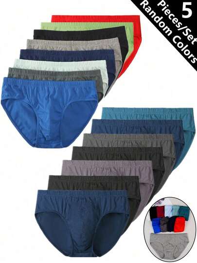 5-Piece Men's Solid Color Breathable Cotton Mid-Rise Underwear, Comfortable Daily Underwear - Colors Random