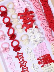 Conjunto de 148 peças de acessórios de cabelo com laço de rosa para o Dia dos Namorados, para meninas, incluindo presilhas de cabelo em vermelho e rosa, elásticos de cabelo em formato de estrela e presilhas de jacaré. Ideal para presentear em festas e feriados. Acessórios de cabelo para adolescentes.