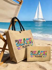 Túi tote vải lanh dung tích lớn với họa tiết "bãi biển" và cây cọ, túi mua sắm dung tích lớn tiện dụng, túi xách tay quai vải lanh, túi đựng đồ đa năng, túi quà tặng cá nhân hóa, thích hợp cho du lịch biển, kỳ nghỉ, dã ngoại, siêu thị, sử dụng hàng ngày, túi xách mùa hè nhẹ nhàng dành cho nữ. - Nhiều màu - Xem 3