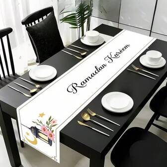 This Ramadan-Themed Table Runner Set Features A Simple And Elegant Ramadan Pattern Design, Adorned With Golden Moons And Lanterns, And Accented With Fresh Flowers. Made Of Durable Polyester Material, The Rectangular Design Is Suitable For Kitchen, Dining Room, Party, Home, And Rural Festival Decorations. Available In Multiple Sizes, It Makes A Great Gift.