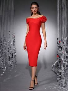 女士性感露肩交叉紧身连衣裙，优雅3D立体花卉露背开衩绷带针织连衣裙，露背鸡尾酒会礼服，舞会礼服，圣诞礼服，新年礼服 - 紅色 - 查看 9